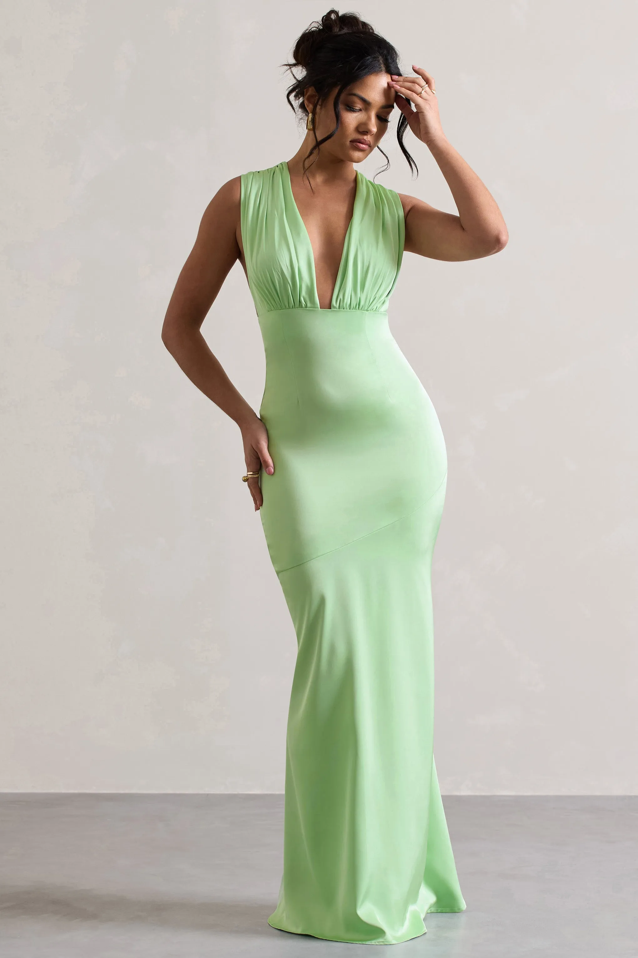 Azzara | Light Green Satin Ruched V-Neck Maxi Dress