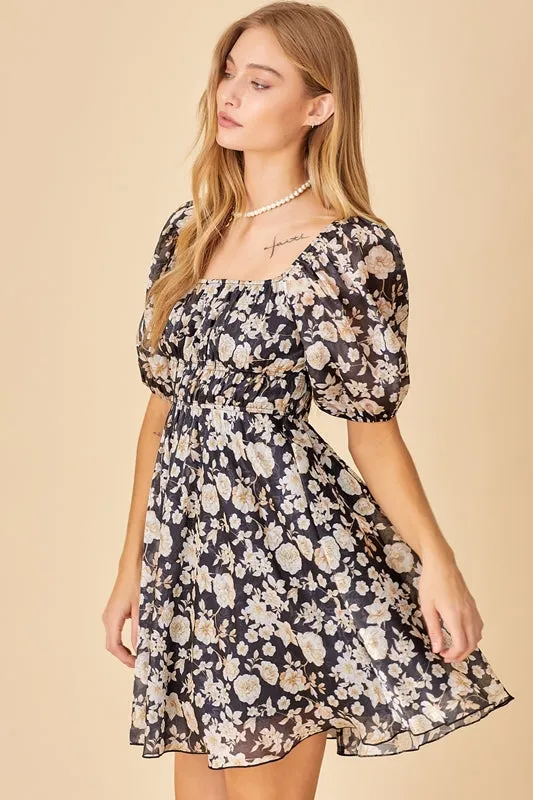 Baevely Babydoll Shine Floral Dress Square Neck - Black