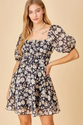 Baevely Babydoll Shine Floral Dress Square Neck - Black