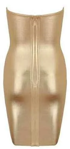 Bead-Embellished Strapless Gold Bodycon Tube Mini Dress