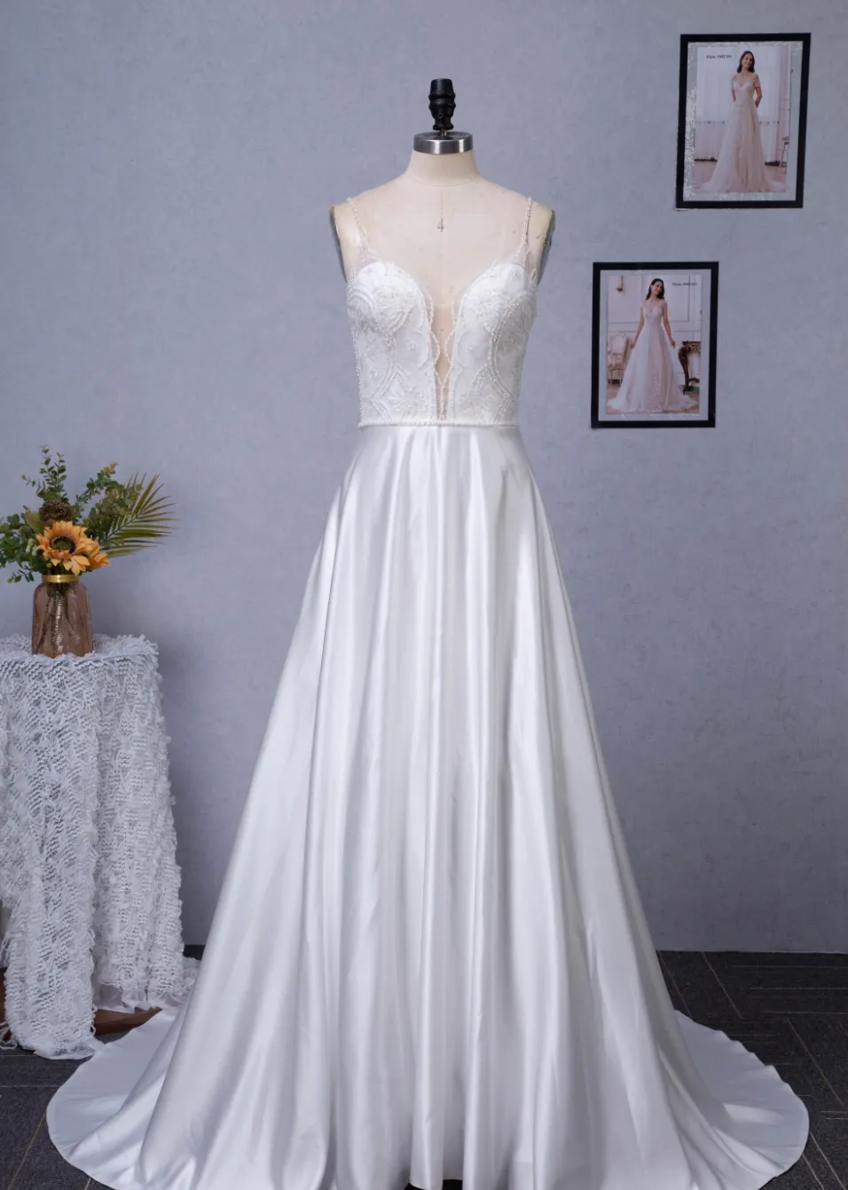 Beaded Deep V-Neckline Satin A-Line Pocket Wedding Dress