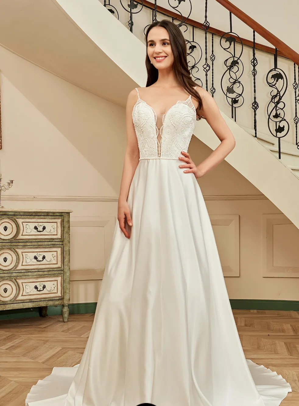 Beaded Deep V-Neckline Satin A-Line Pocket Wedding Dress