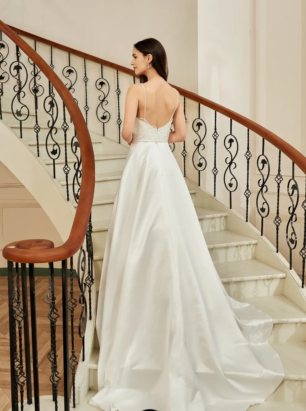 Beaded Deep V-Neckline Satin A-Line Pocket Wedding Dress