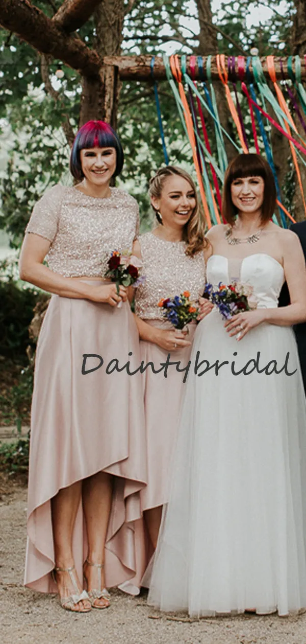 Beautiful Scoop Neck Sequin A-line High-low Short Sleeve Evening Dresses Party Long Bridesmaid Dresses.DB10667