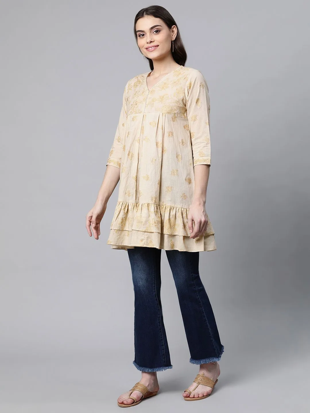 Beige & Gold Cotton Printed Tunic