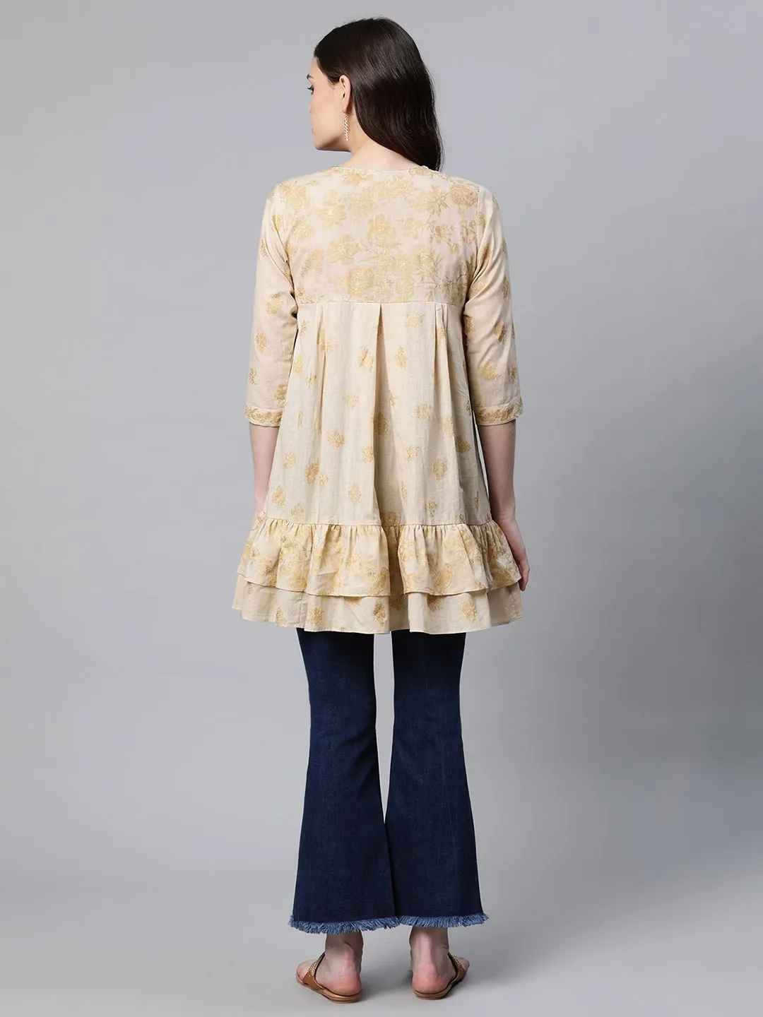 Beige & Gold Cotton Printed Tunic