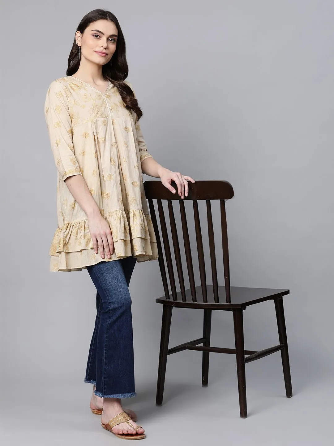 Beige & Gold Cotton Printed Tunic