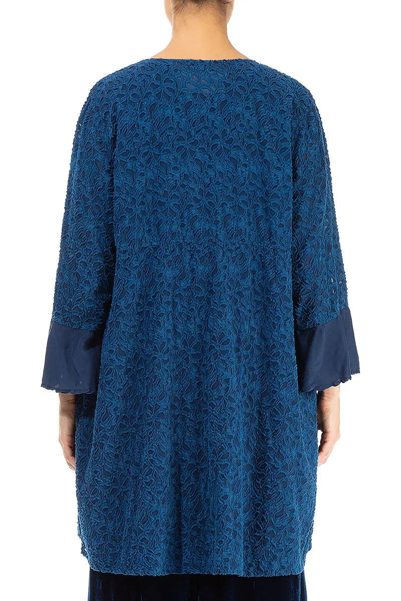 Bell Sleeve Floral Blue Silk Tunic