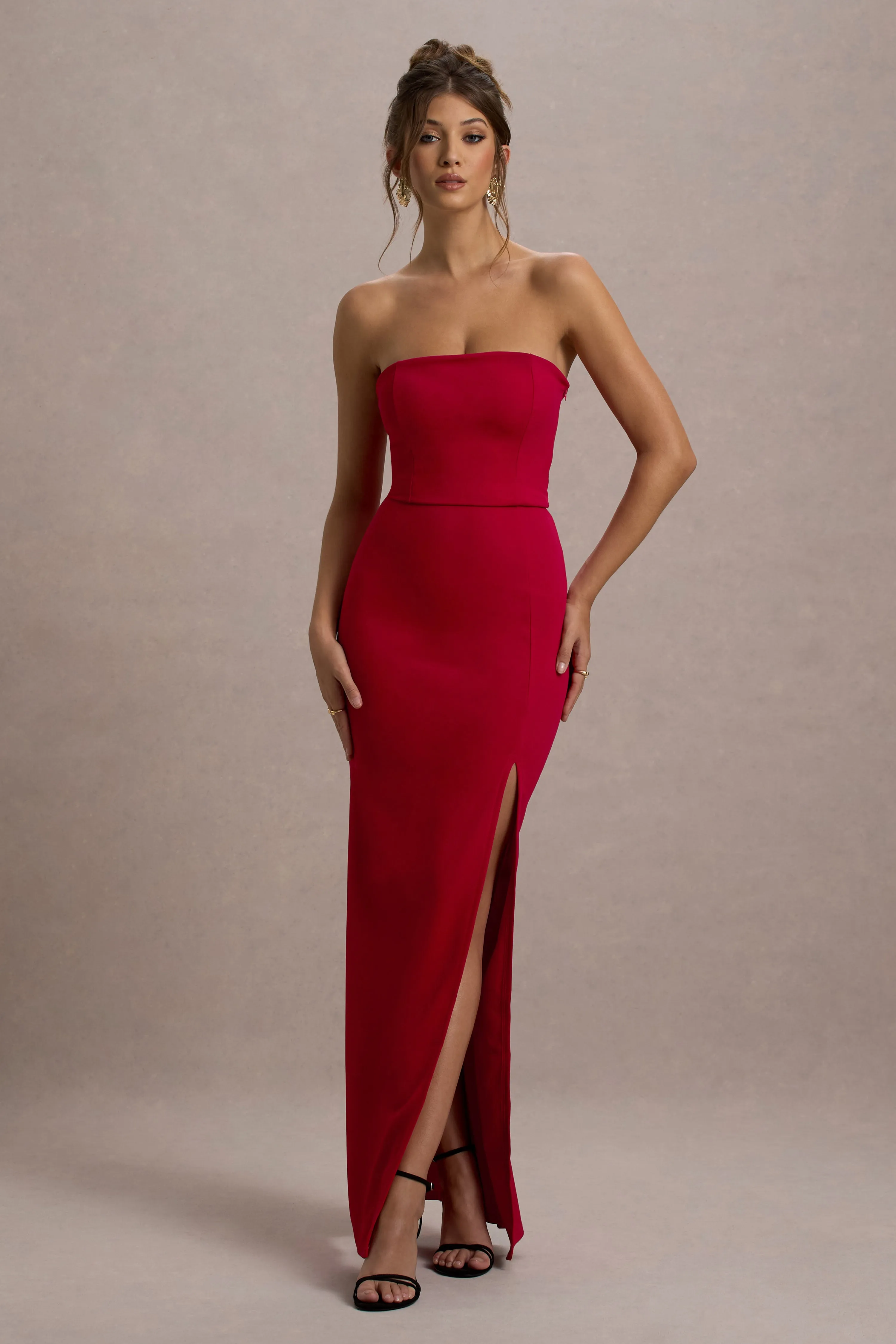 Belle of The Ball | Red Bandeau Maxi Dress With Split Hem