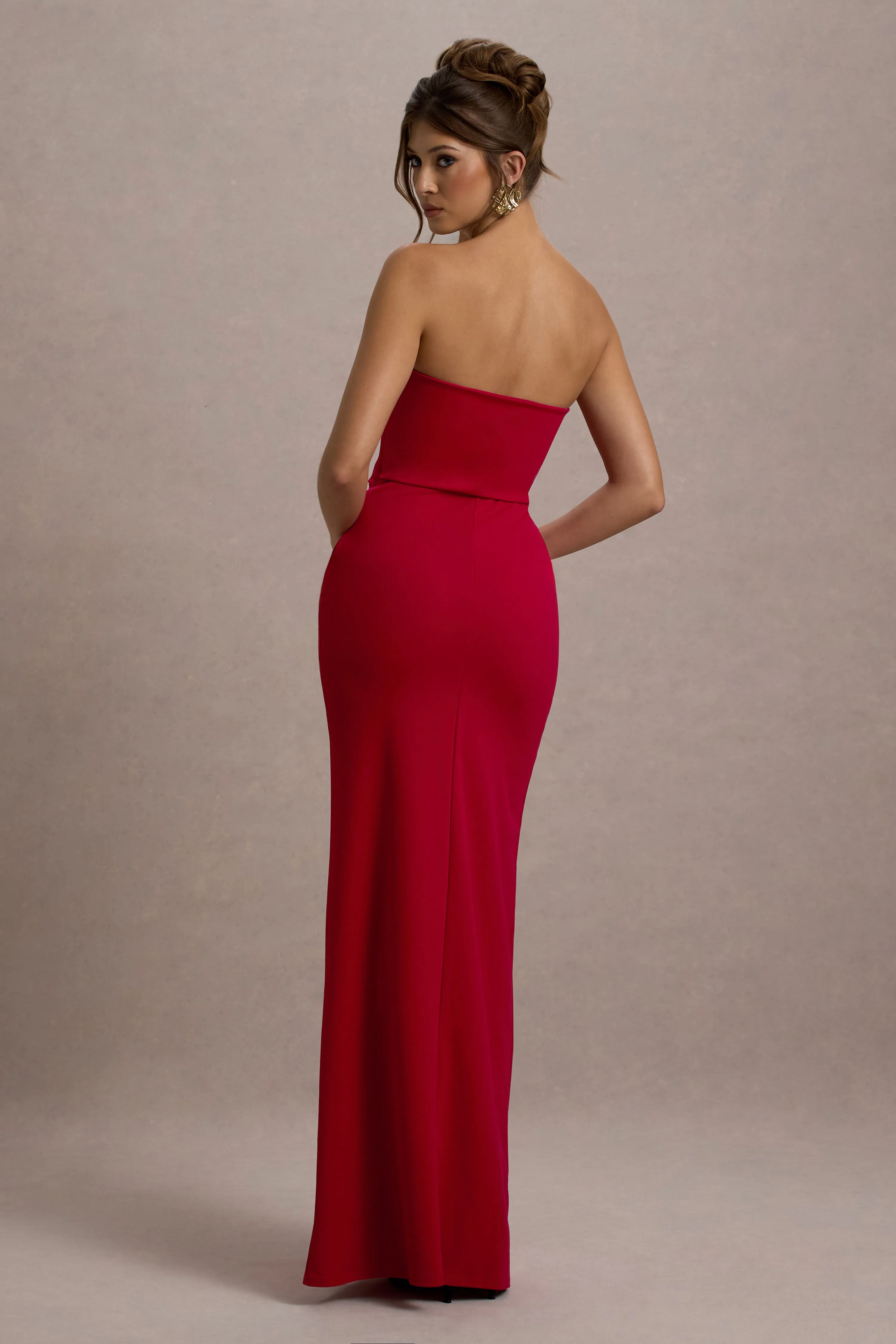 Belle of The Ball | Red Bandeau Maxi Dress With Split Hem