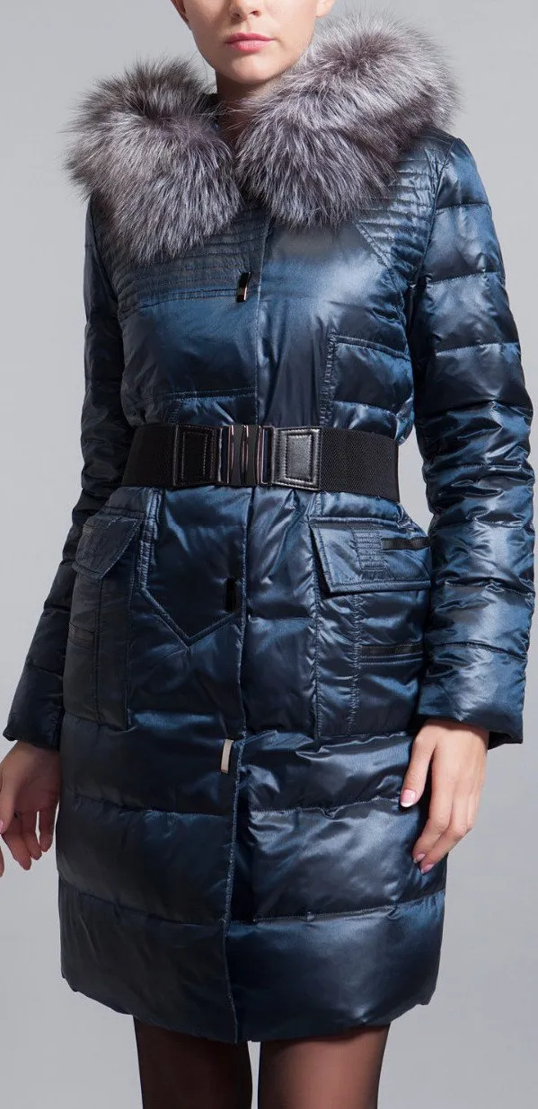 Belted Fox-Fur Hooded Puffer Down Coat, Blue