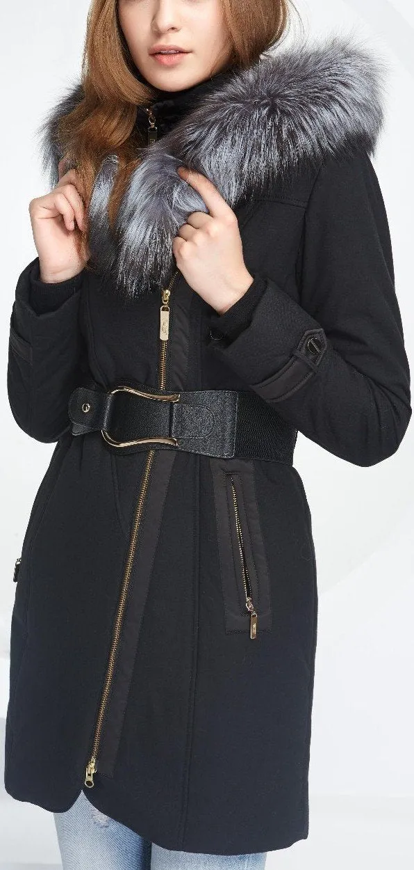 Belted Fox-Fur-Hooded Quilted Coat, Black