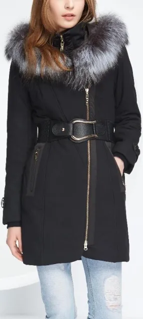 Belted Fox-Fur-Hooded Quilted Coat, Black