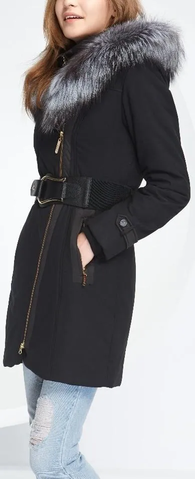 Belted Fox-Fur-Hooded Quilted Coat, Black