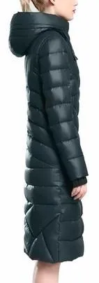 Belted Fur Pom Pom Puffer Down Coat in Dark Green