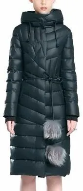 Belted Fur Pom Pom Puffer Down Coat in Dark Green