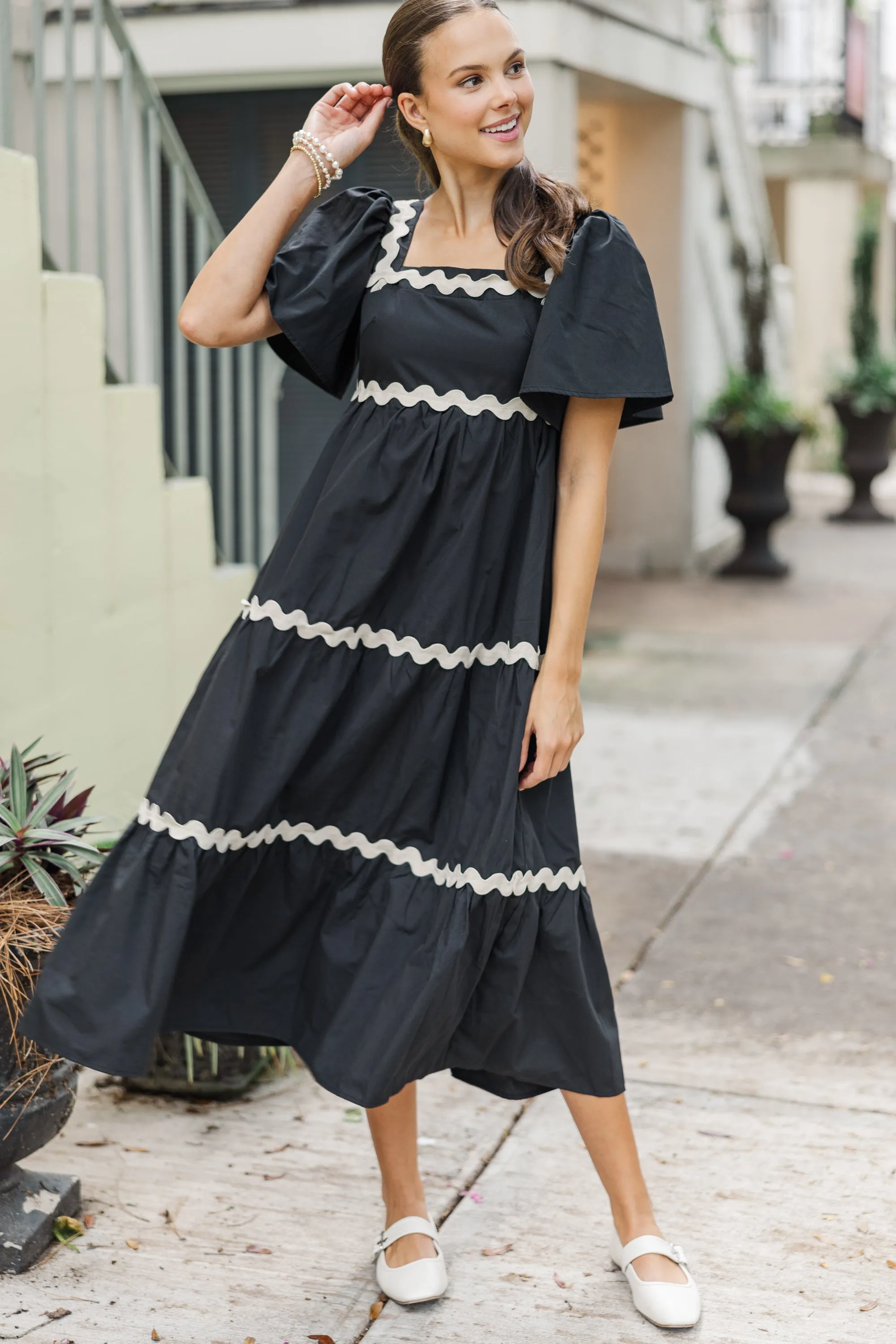 Better Than You Know Black Rickrack Midi Dress