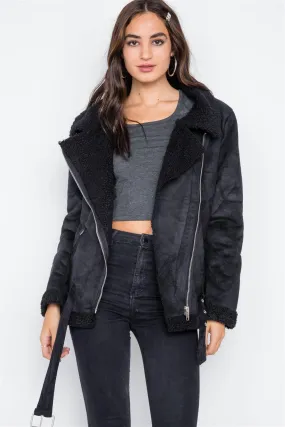 Black Faux Fur Moto Zip-Front Jacket /2-2-2