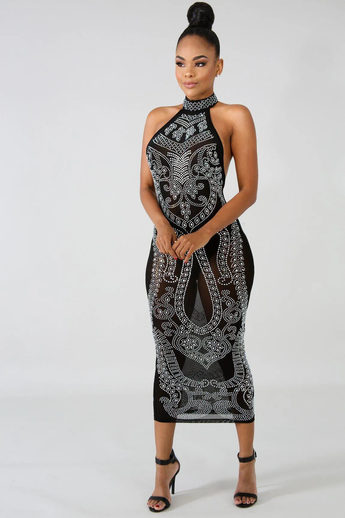 Black Iridescent Rhinestone Studded Midi Dress