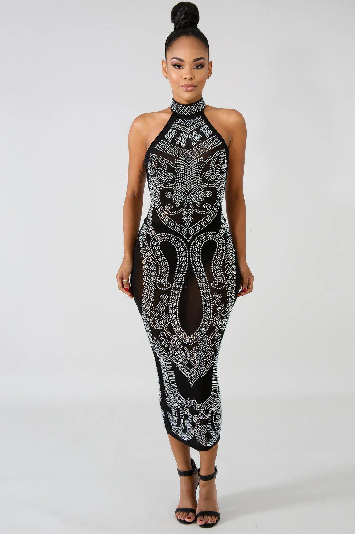 Black Iridescent Rhinestone Studded Midi Dress