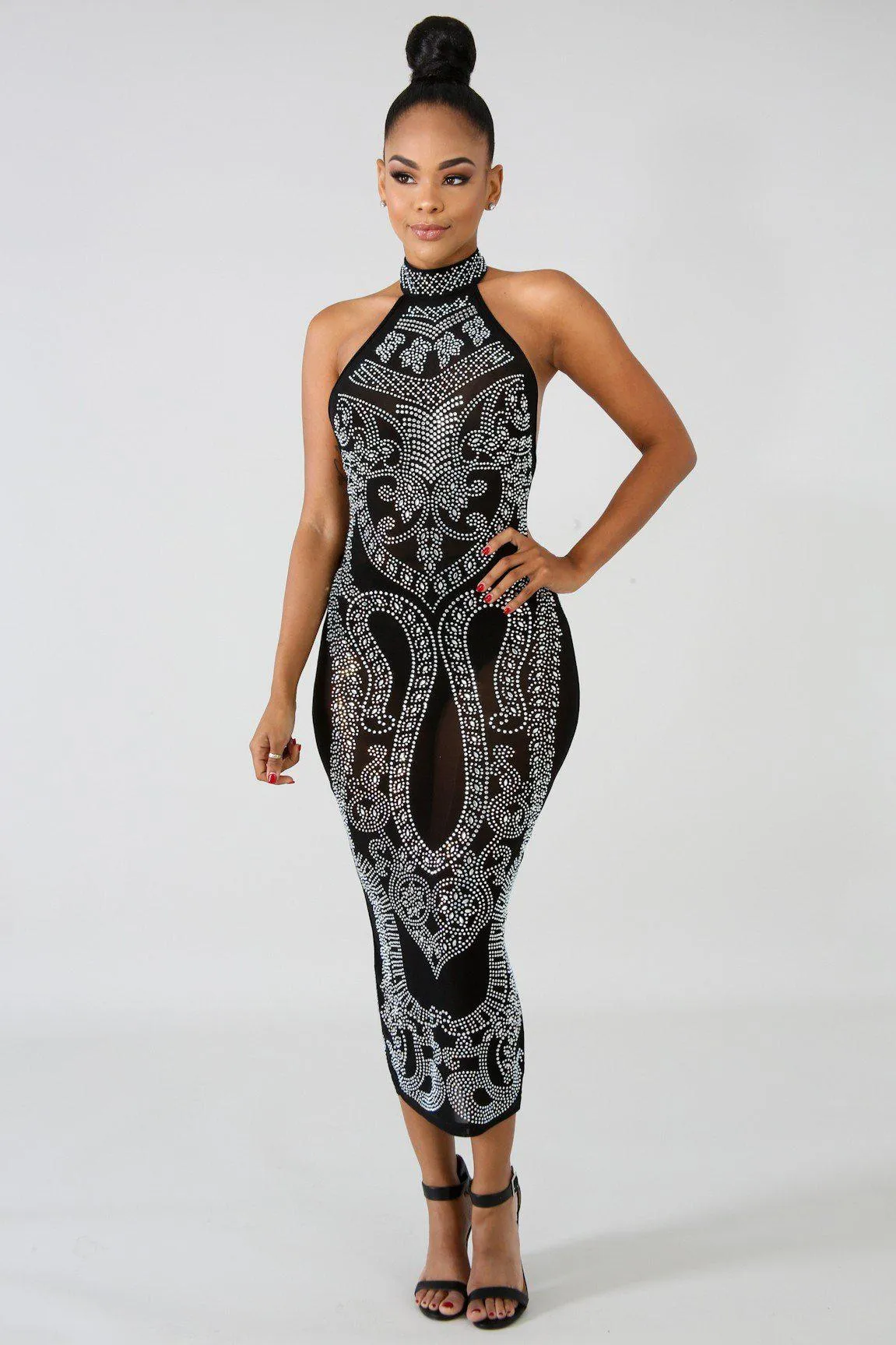 Black Iridescent Rhinestone Studded Midi Dress