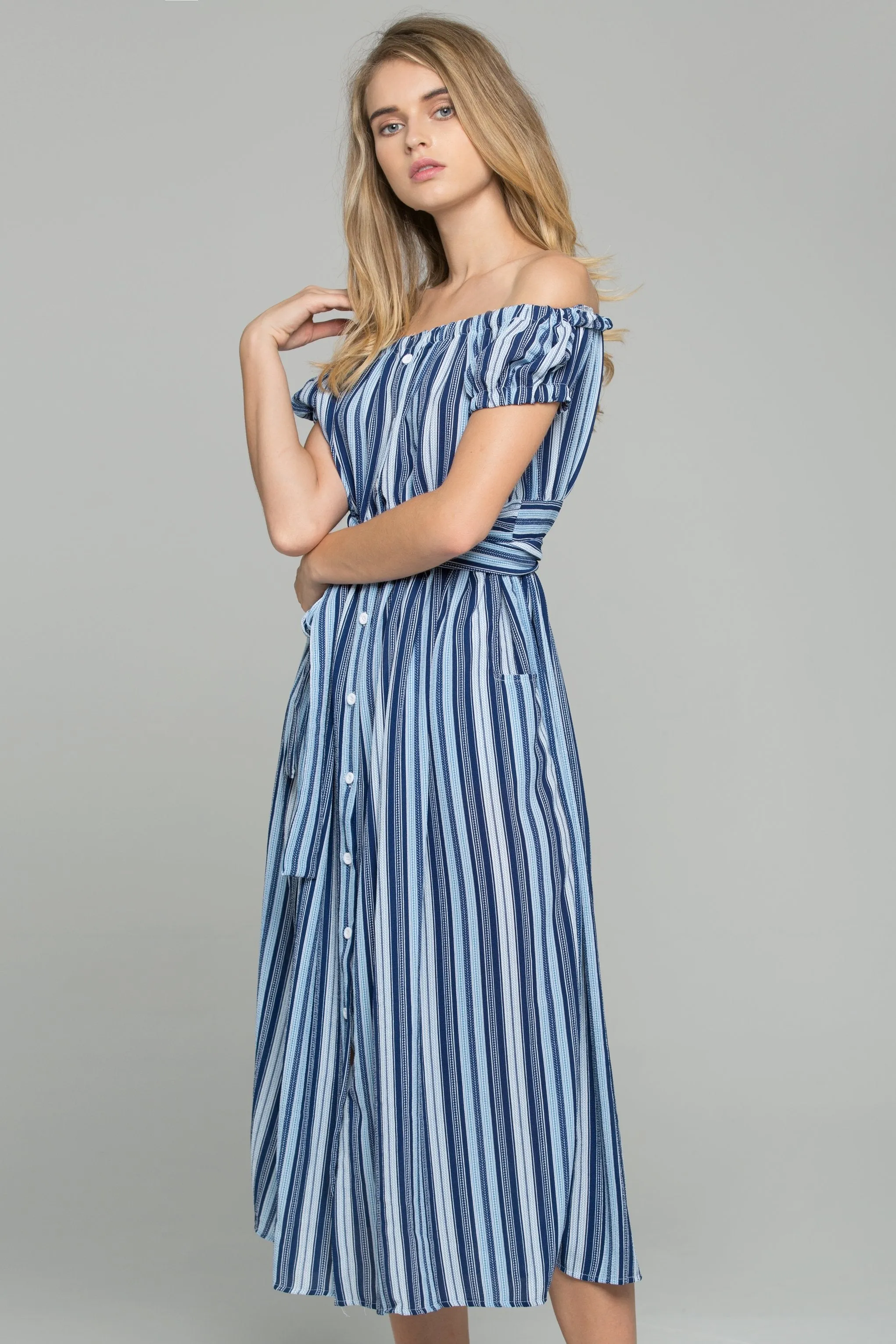 Blue Crepe Stripe Print Off-The-Shoulder Maxi Dress