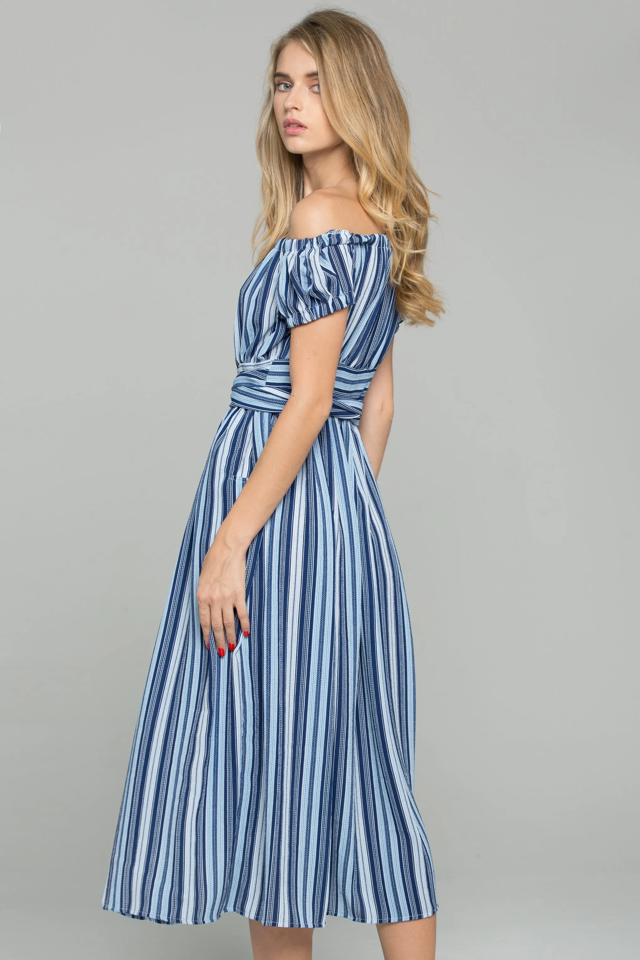 Blue Crepe Stripe Print Off-The-Shoulder Maxi Dress