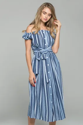 Blue Crepe Stripe Print Off-The-Shoulder Maxi Dress