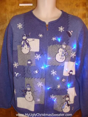 Blue Light Up Ugly Xmas Sweater with Festive Snowmen