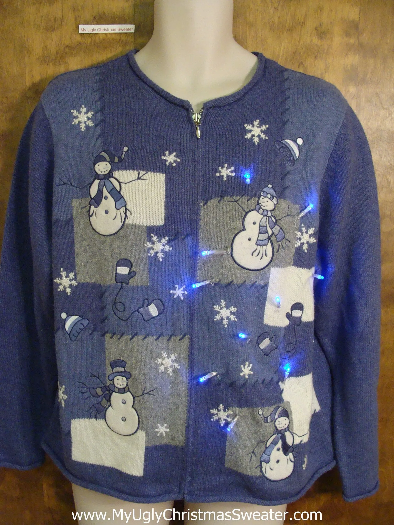 Blue Light Up Ugly Xmas Sweater with Festive Snowmen