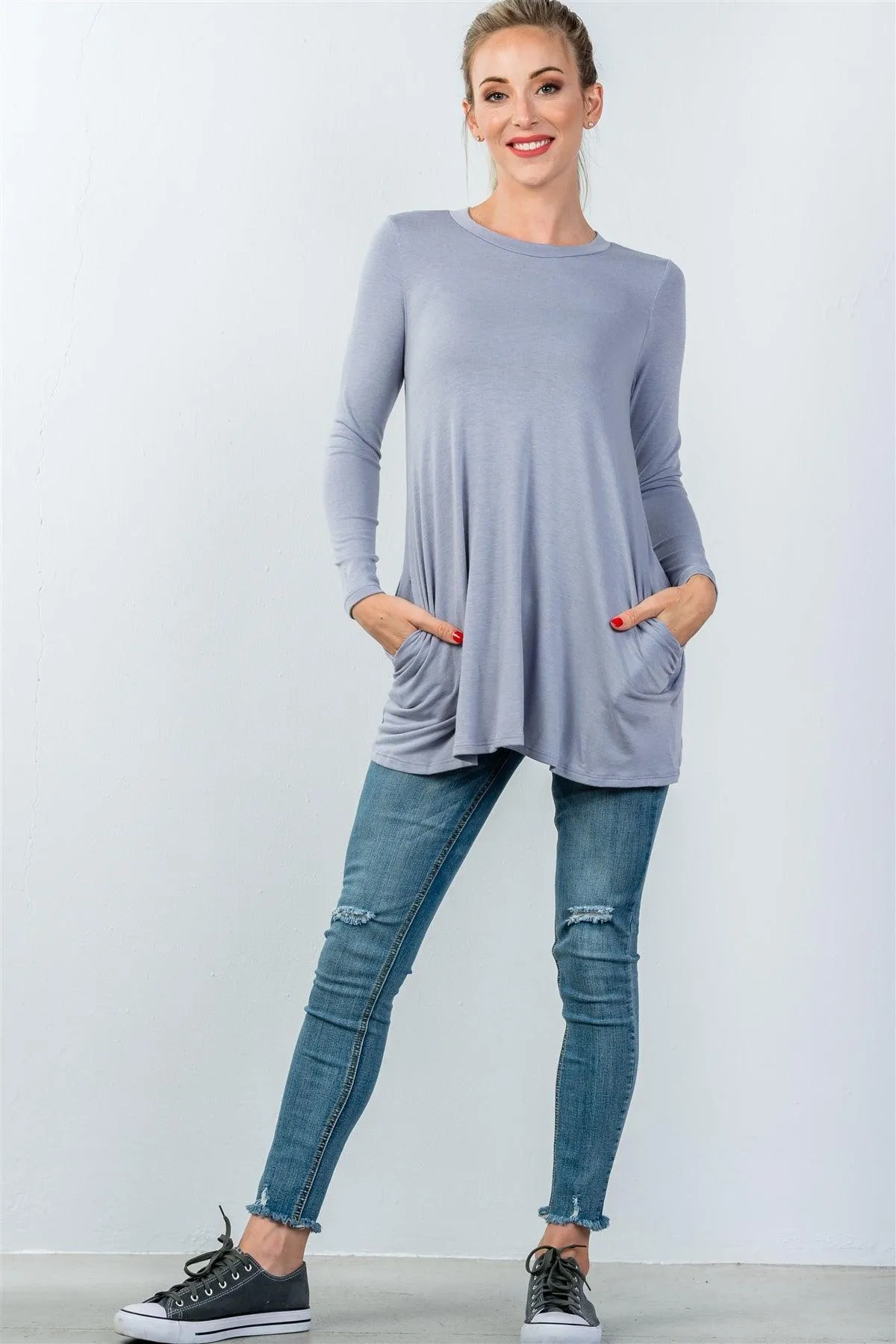 Blue Long Sleeve Back Keyhole Tunic Top / 3-2-1