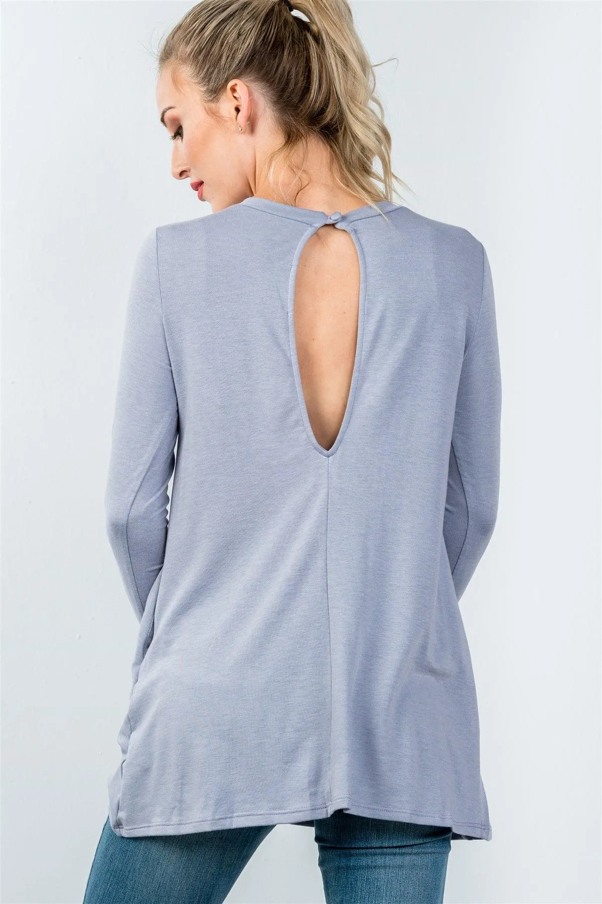 Blue Long Sleeve Back Keyhole Tunic Top / 3-2-1