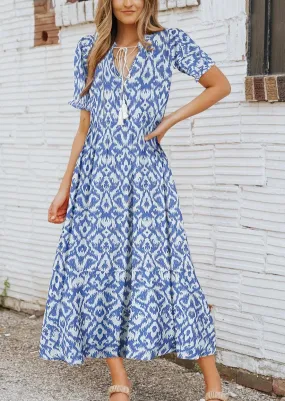 Blue Waves Print Maxi Dress