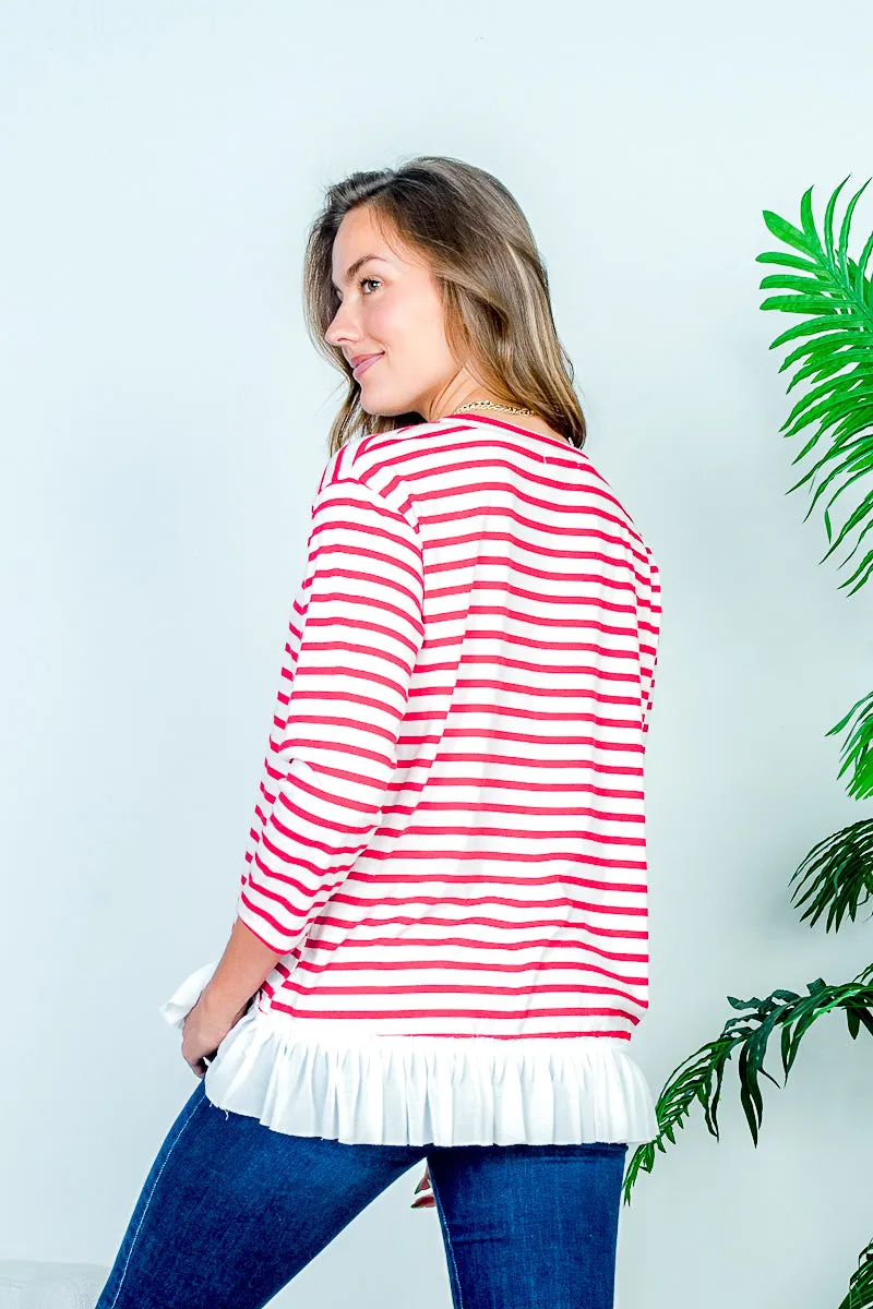 Boat Neck 3/4 Sleeve Striped Top with White Contrast Box Pleat Ruffle Hem* (HT7859)