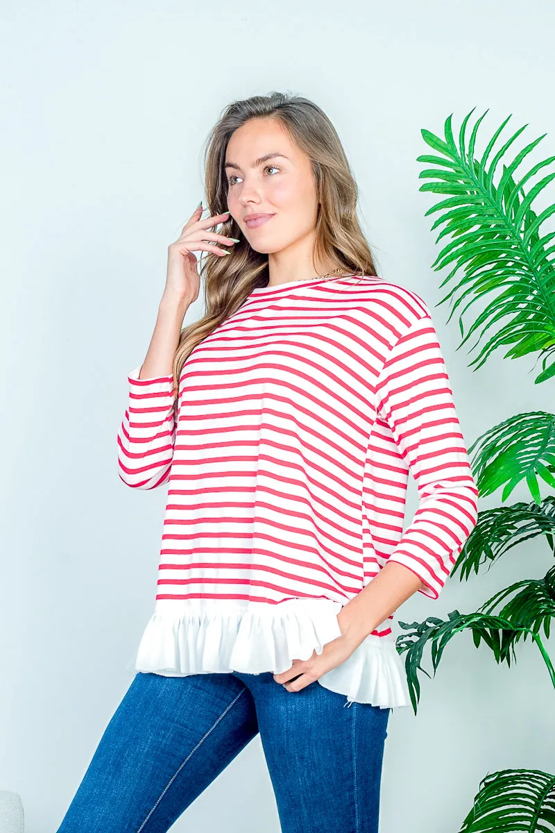 Boat Neck 3/4 Sleeve Striped Top with White Contrast Box Pleat Ruffle Hem* (HT7859)