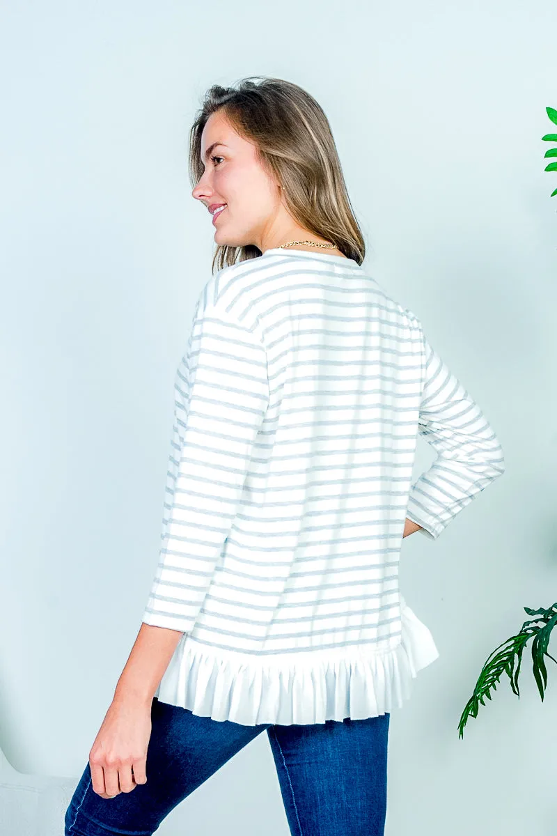 Boat Neck 3/4 Sleeve Striped Top with White Contrast Box Pleat Ruffle Hem* (HT7859)