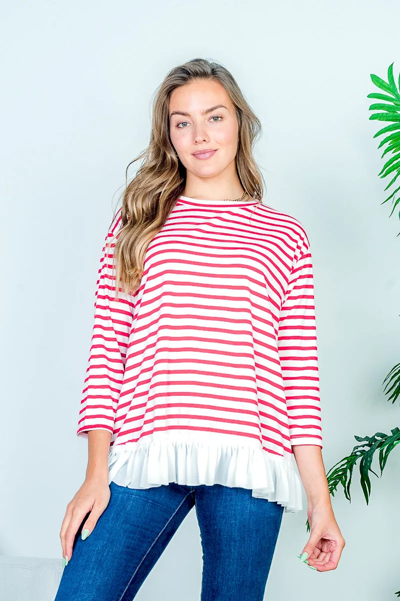 Boat Neck 3/4 Sleeve Striped Top with White Contrast Box Pleat Ruffle Hem* (HT7859)