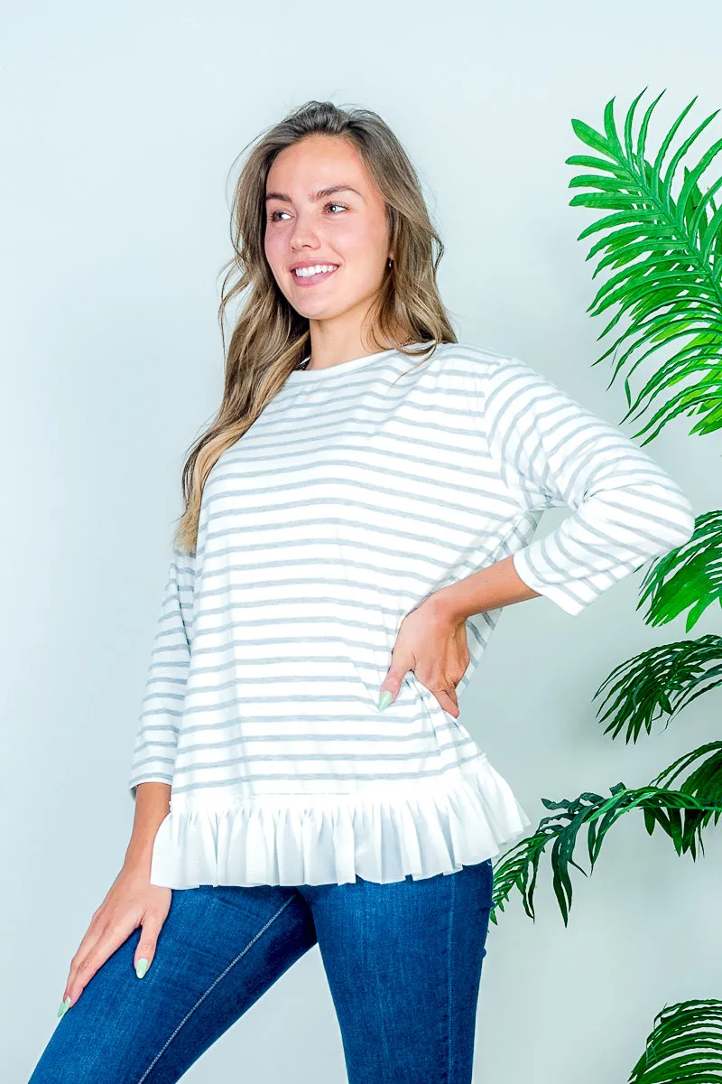 Boat Neck 3/4 Sleeve Striped Top with White Contrast Box Pleat Ruffle Hem* (HT7859)