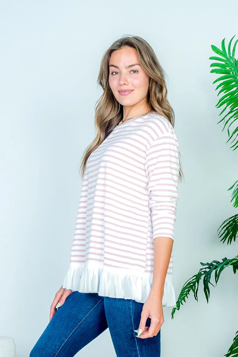 Boat Neck 3/4 Sleeve Striped Top with White Contrast Box Pleat Ruffle Hem* (HT7859)