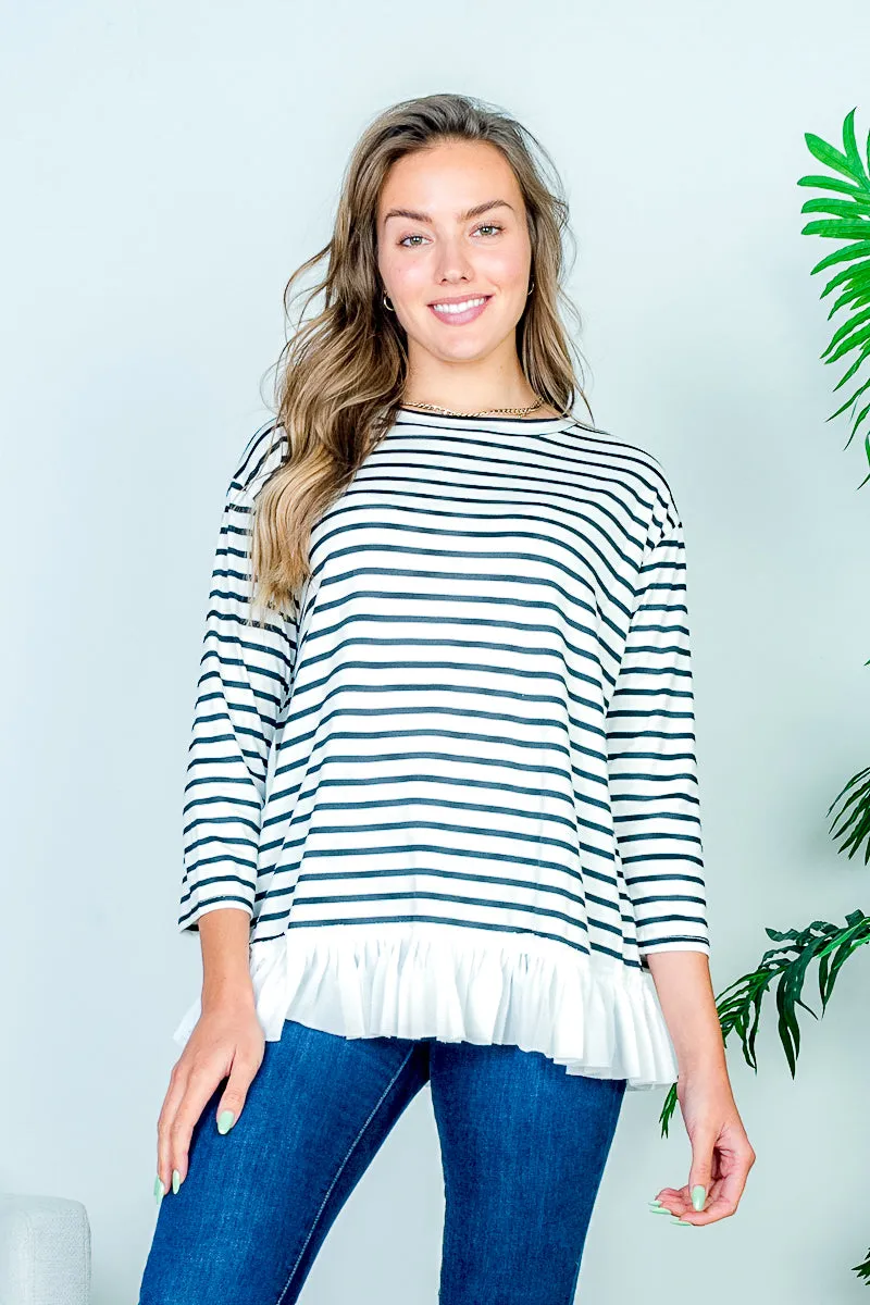 Boat Neck 3/4 Sleeve Striped Top with White Contrast Box Pleat Ruffle Hem* (HT7859)