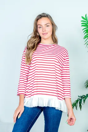 Boat Neck 3/4 Sleeve Striped Top with White Contrast Box Pleat Ruffle Hem* (HT7859)