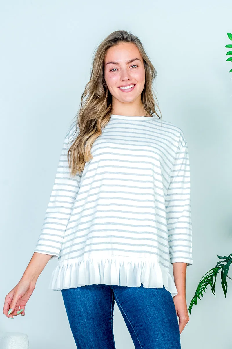 Boat Neck 3/4 Sleeve Striped Top with White Contrast Box Pleat Ruffle Hem* (HT7859)