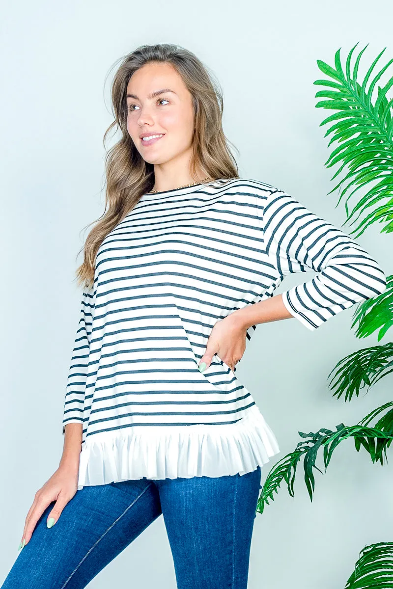 Boat Neck 3/4 Sleeve Striped Top with White Contrast Box Pleat Ruffle Hem* (HT7859)