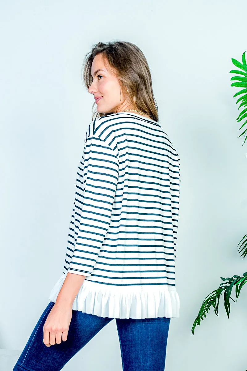 Boat Neck 3/4 Sleeve Striped Top with White Contrast Box Pleat Ruffle Hem* (HT7859)