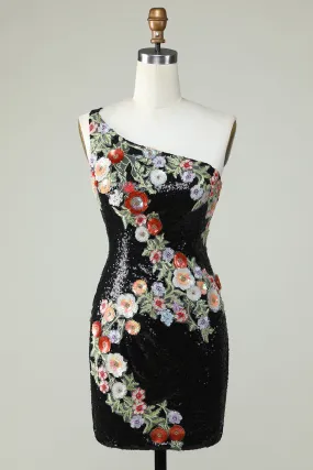 Bodycon One Shoulder Black Sequin Beading Homecoming Dress with 3d Flowers