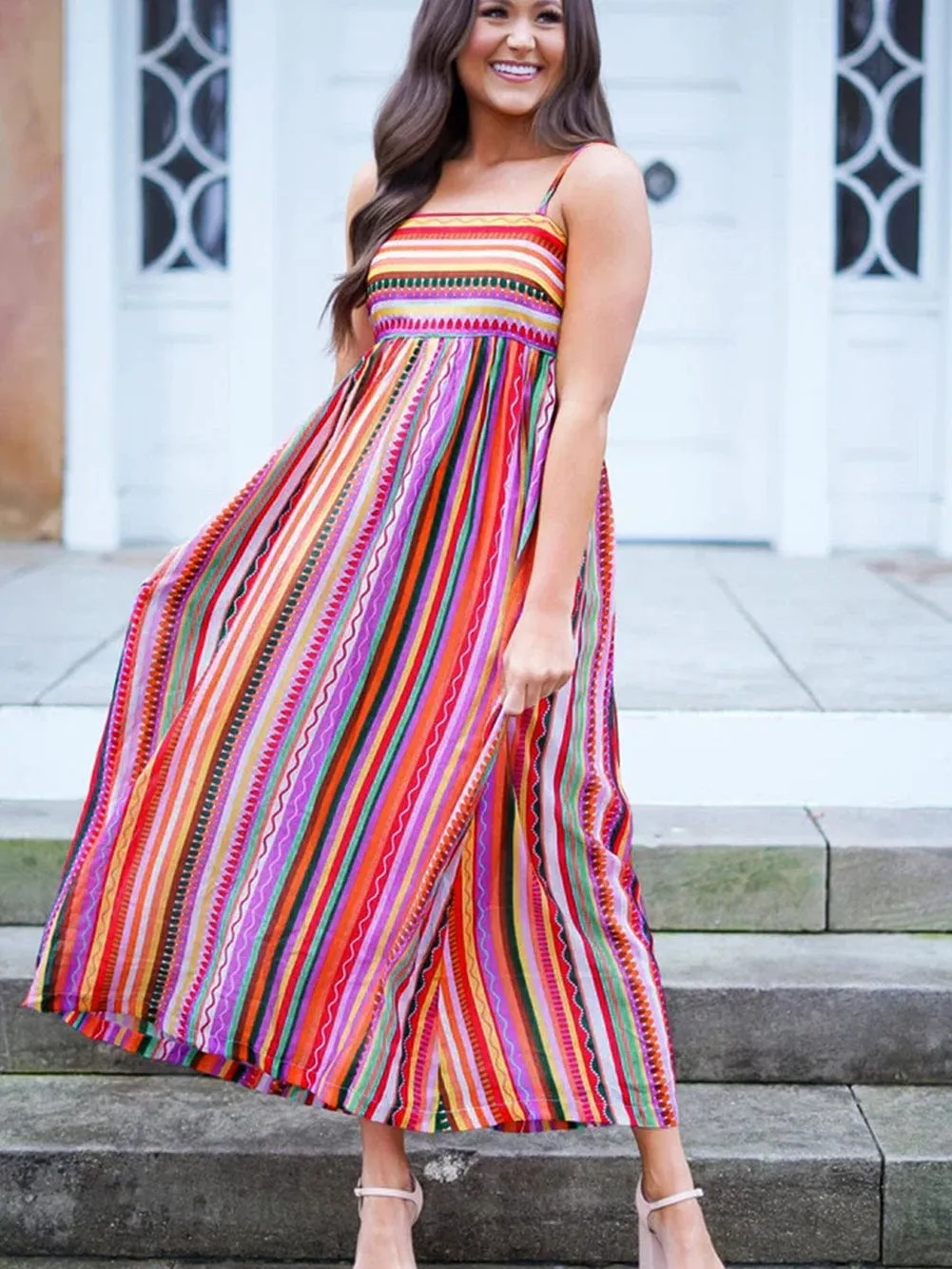 Boho Striped Smocked Back Maxi Dress with Thin Straps