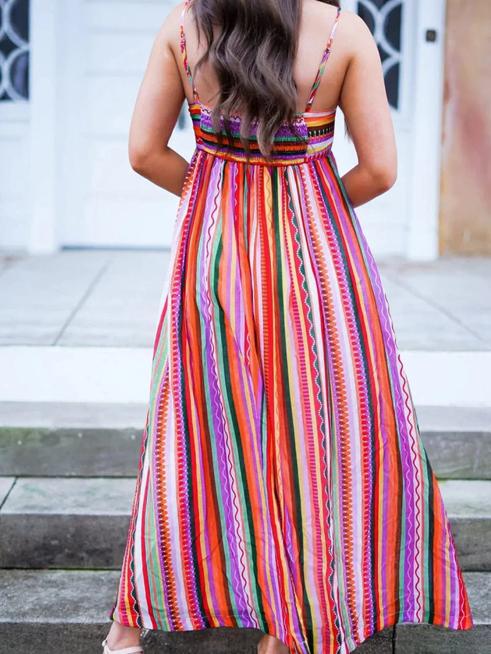 Boho Striped Smocked Back Maxi Dress with Thin Straps