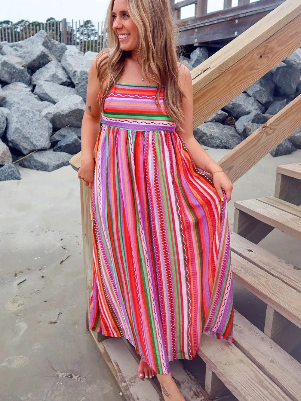 Boho Striped Smocked Back Maxi Dress with Thin Straps