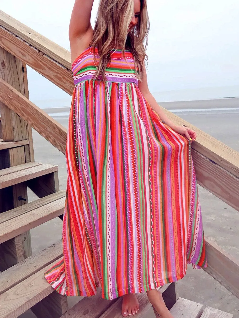 Boho Striped Smocked Back Maxi Dress with Thin Straps