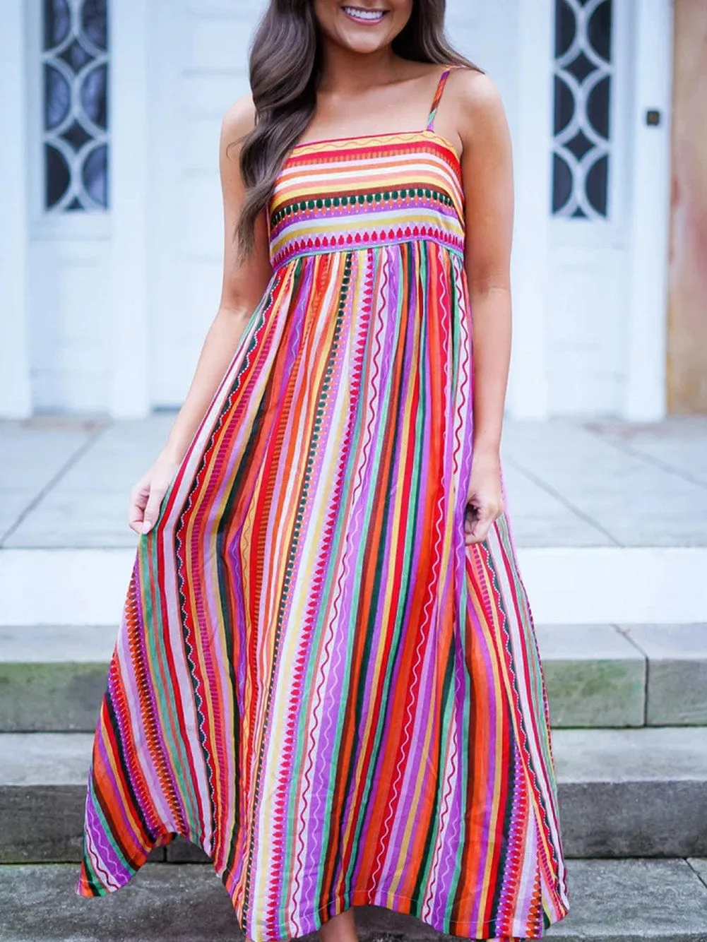 Boho Striped Smocked Back Maxi Dress with Thin Straps